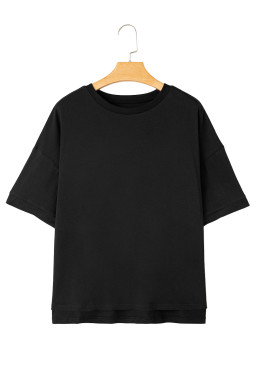 Black Plain Side Slit Oversized Tee