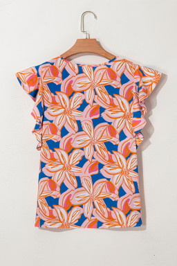 Orange Summer Flower Print Smocked Notched Neck Ruffle Blouse
