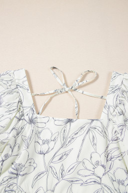 Beige Floral Print Square Neck Shirred Back Puff Sleeve Mini Dress