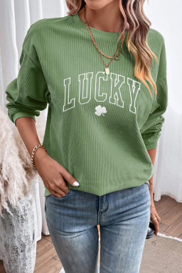 Grass Green LUCKY Clover Embroidered Ribbed St Patrick Sweatshirt