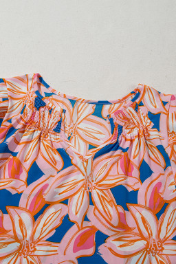 Orange Summer Flower Print Smocked Notched Neck Ruffle Blouse