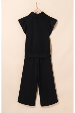 Black Textured Ruffle Sleeve Zipped Top and Wide Leg Pants Set