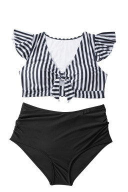 Black Stripe Plus Size Knot Cutout Ruffle Sleeve and High Waist Swimsuit Set