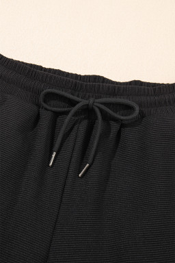 Black Textured Ruffle Sleeve Zipped Top and Wide Leg Pants Set