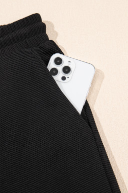 Black Textured Ruffle Sleeve Zipped Top and Wide Leg Pants Set