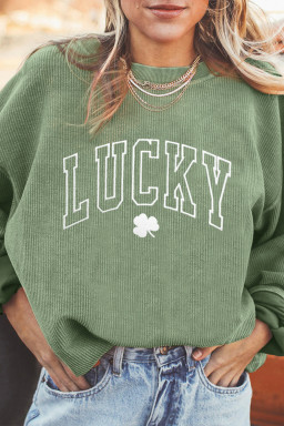 Grass Green LUCKY Clover Embroidered Ribbed St Patrick Sweatshirt