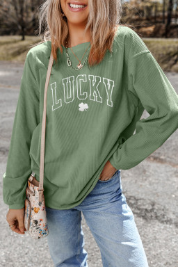 Grass Green LUCKY Clover Embroidered Ribbed St Patrick Sweatshirt
