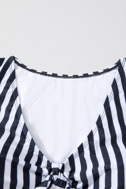 Black Stripe Plus Size Knot Cutout Ruffle Sleeve and High Waist Swimsuit Set