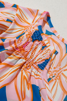 Orange Summer Flower Print Smocked Notched Neck Ruffle Blouse