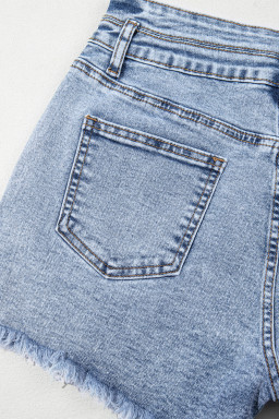 Beau Blue Rhinestone Light Wash Raw Hem High Waist Denim Shorts
