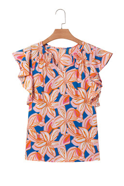 Orange Summer Flower Print Smocked Notched Neck Ruffle Blouse