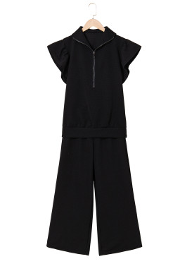 Black Textured Ruffle Sleeve Zipped Top and Wide Leg Pants Set