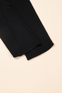 Black Textured Ruffle Sleeve Zipped Top and Wide Leg Pants Set