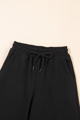 Black Textured Ruffle Sleeve Zipped Top and Wide Leg Pants Set