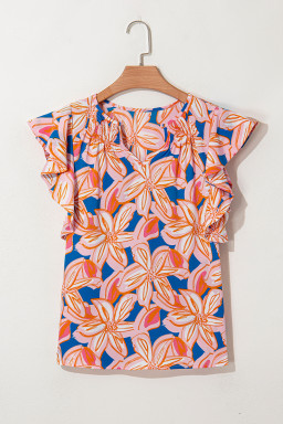 Orange Summer Flower Print Smocked Notched Neck Ruffle Blouse