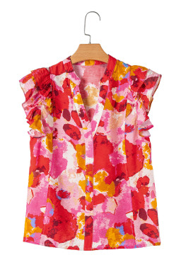 Red Abstract Print Split V Neck Ruffle Short Sleeve Blouse