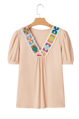 Pale Chestnut Floral Crochet V Neck Crinkled Blouse