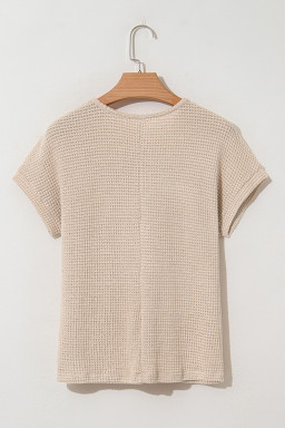 Oatmeal Hollow Patchwork Waffle Knit Top