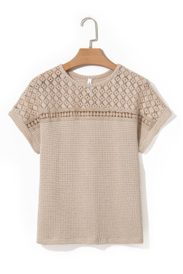 Oatmeal Hollow Patchwork Waffle Knit Top