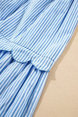 Sky Blue Stripe Bubble Sleeve Scallop Tiered Dress