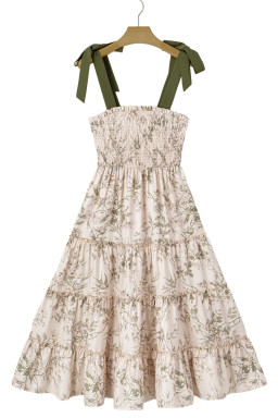 Green Floral Smocked High Waist Tiered Midi Dress