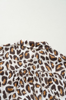 Khaki Leopard Print Short Sleeve Collared Plus Size Shirt