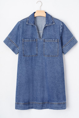 Blue Short Sleeve Collared Chest Pocket Denim Mini Dress