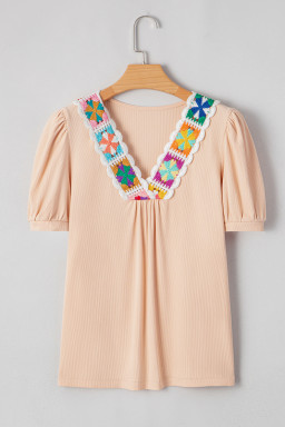 Pale Chestnut Floral Crochet V Neck Crinkled Blouse