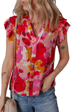 Red Abstract Print Split V Neck Ruffle Short Sleeve Blouse