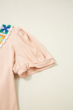 Pale Chestnut Floral Crochet V Neck Crinkled Blouse