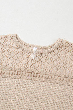 Oatmeal Hollow Patchwork Waffle Knit Top