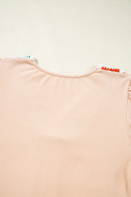 Pale Chestnut Floral Crochet V Neck Crinkled Blouse