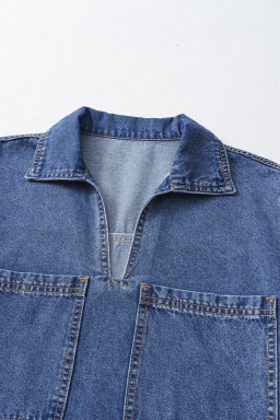 Blue Short Sleeve Collared Chest Pocket Denim Mini Dress