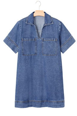 Blue Short Sleeve Collared Chest Pocket Denim Mini Dress