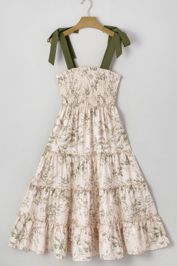 Green Floral Smocked High Waist Tiered Midi Dress