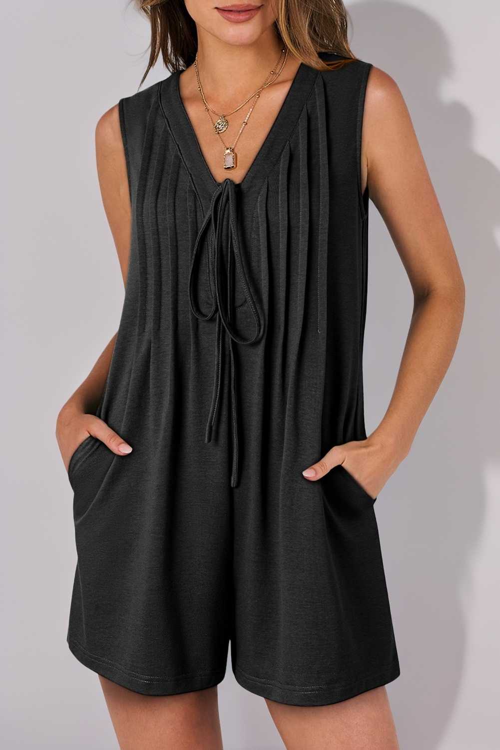 Black Tie V Neck Pleated Sleeveless Loose Romper