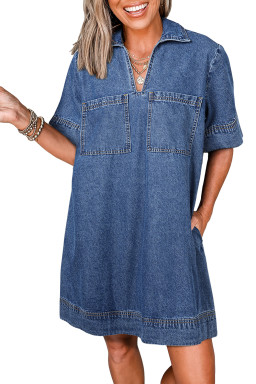 Blue Short Sleeve Collared Chest Pocket Denim Mini Dress