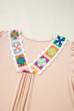 Pale Chestnut Floral Crochet V Neck Crinkled Blouse