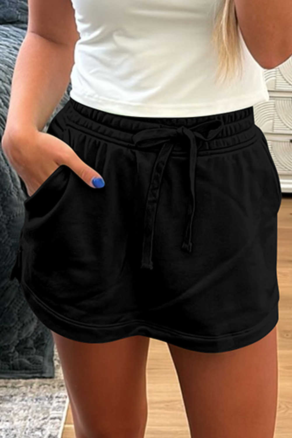 Black French Terry Drawstring Mini Skort with Pockets