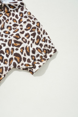 Khaki Leopard Print Short Sleeve Collared Plus Size Shirt