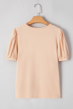 Pale Chestnut Floral Crochet V Neck Crinkled Blouse