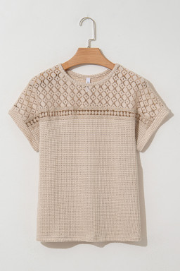 Oatmeal Hollow Patchwork Waffle Knit Top