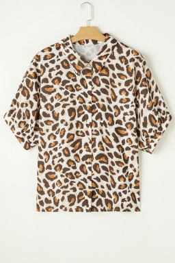 Khaki Leopard Print Short Sleeve Collared Plus Size Shirt