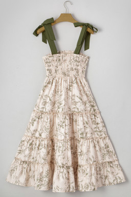 Green Floral Smocked High Waist Tiered Midi Dress