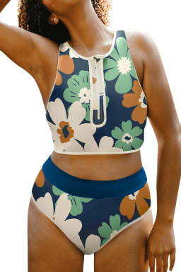 Blue Flower Zip Collar High Waist Bikini Set