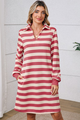 Pink Stripe Pocketed Collared V Neck Loose Fit Mini Dress