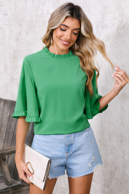 Green Frilly Round Neck Wide Half Sleeve Blouse