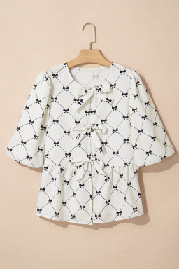 White Checkered Bow Print Knot Front Puff Sleeve Blouse