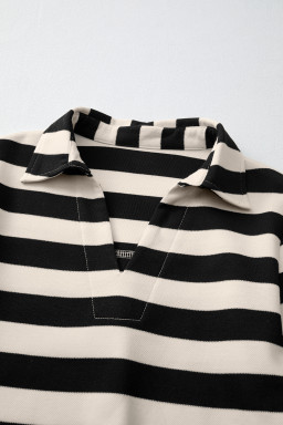 Black Stripe Pocket Collared V Neck Loose Fit Mini Dress