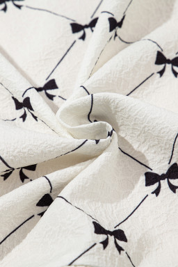 White Checkered Bow Print Knot Front Puff Sleeve Blouse